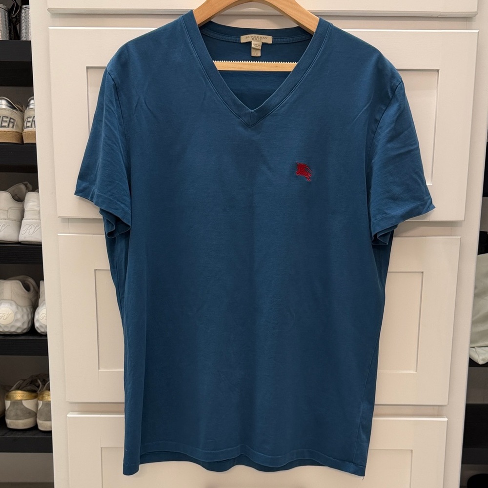Burberry Teal V-Neck T-Shirt with Red Logo